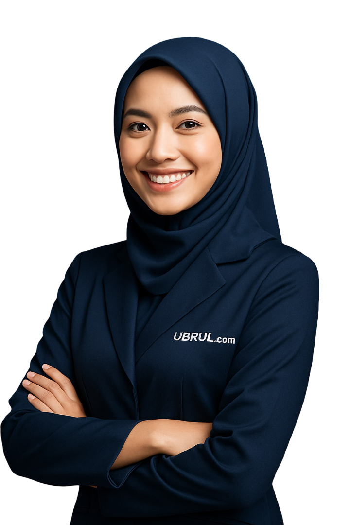 Woman standing to waist wearing navy uniform with UBRUL TEAM text, navy hijab, no background transparent